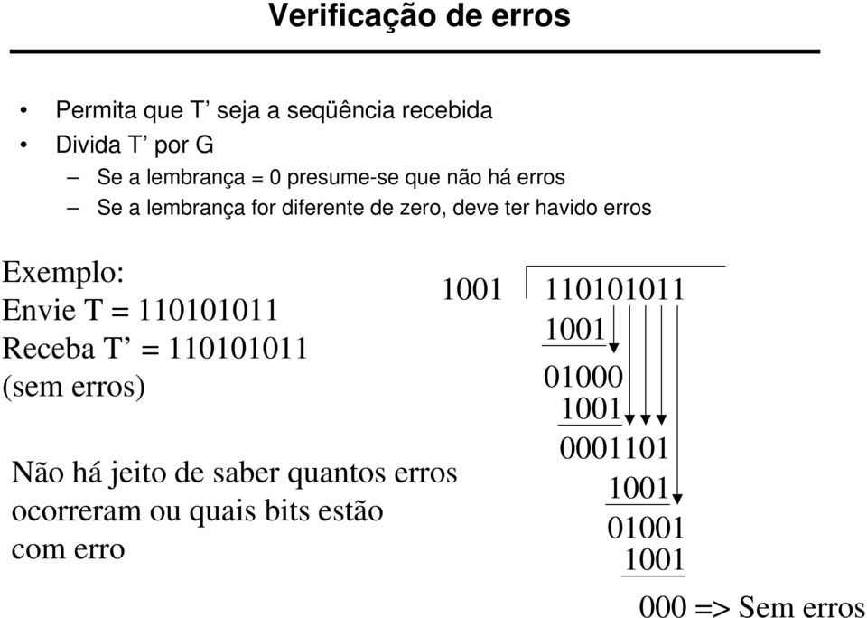 erros Exemplo: Envie T = 110101011 Receba T = 110101011 (sem erros) Não há jeito de saber