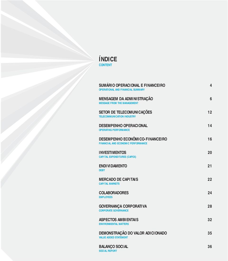 PERFORMANCE INVESTIMENTOS 20 CAPITAL EXPENDITURES (CAPEX) ENDIVIDAMENTO 21 DEBT MERCADO DE CAPITAIS 22 CAPITAL MARKETS COLABORADORES 24 EMPLOYEES GOVERNANÇA