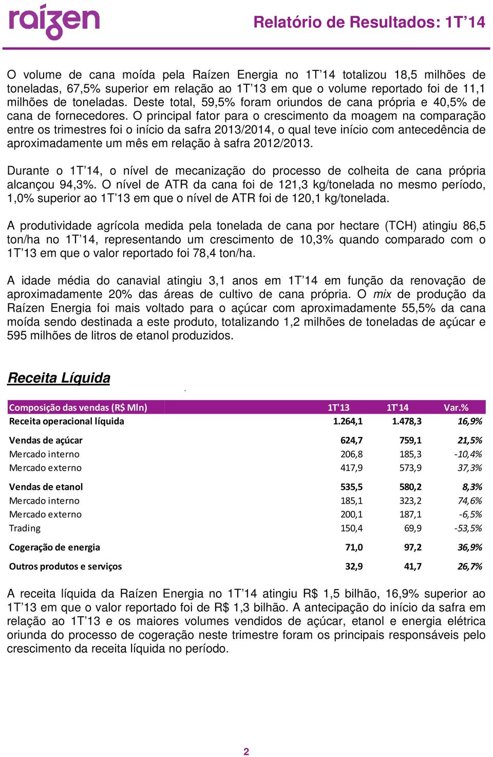 O principal fator para o crescimento da moagem na comparação entre os trimestres foi o início da safra 2013/2014, o qual teve início com antecedência de aproximadamente um mês em relação à safra