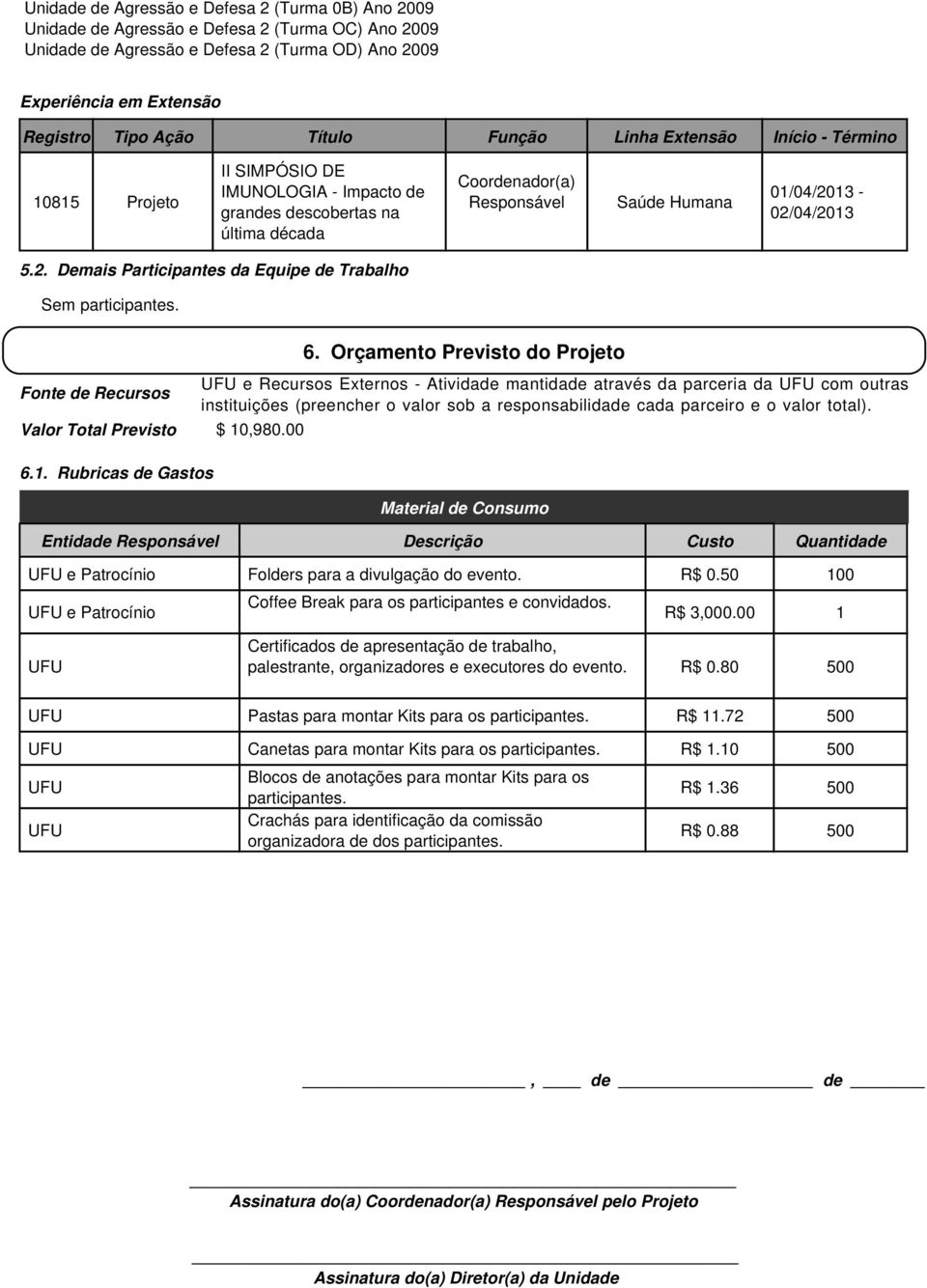 2. Demais Participantes da Equipe de Trabalho Sem participantes. Fonte de Recursos Valor Total Previsto 6.