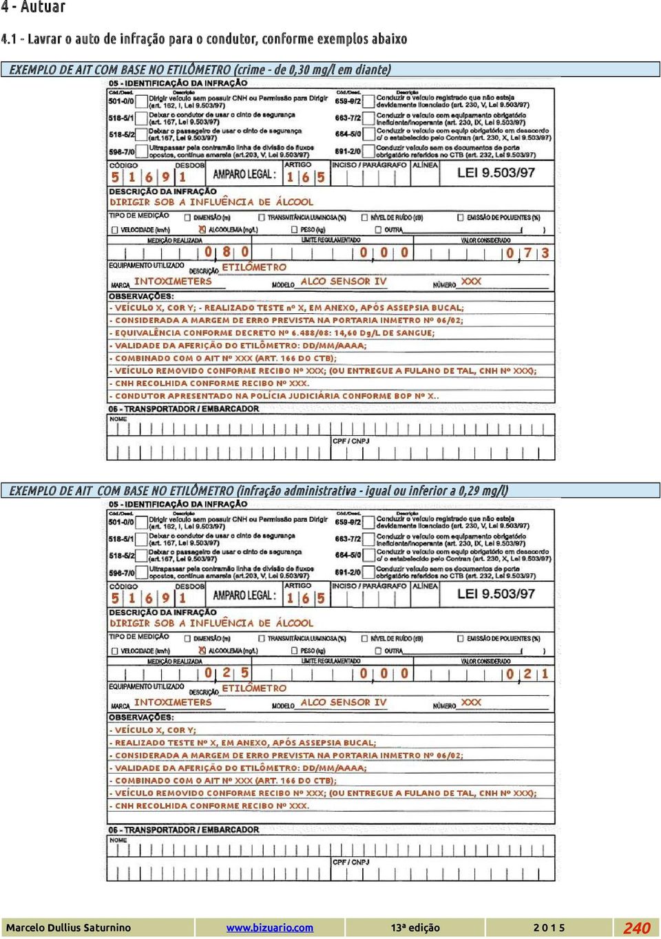 DE AIT COM BASE NO ETILÔMETRO (crime - de 0,30 mg/l em diante) EXEMPLO DE AIT