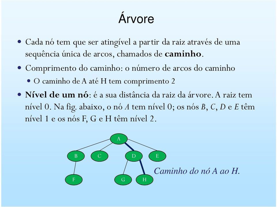 Comprimento do caminho: o número de arcos do caminho O caminho de A até H tem comprimento 2 Nível de um