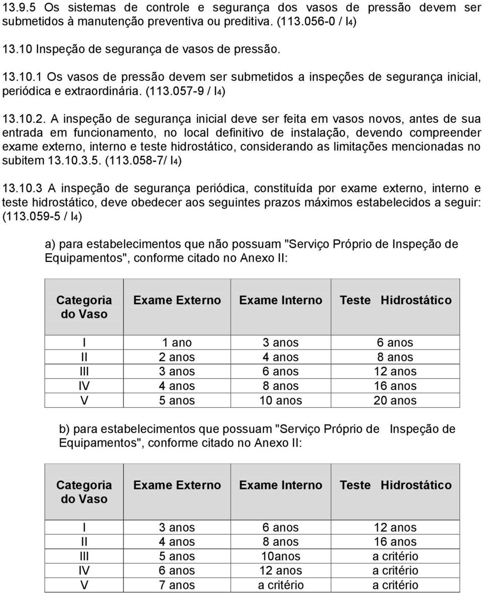 A inspeção de segurança inicial deve ser feita em vasos novos, antes de sua entrada em funcionamento, no local definitivo de instalação, devendo compreender exame externo, interno e teste