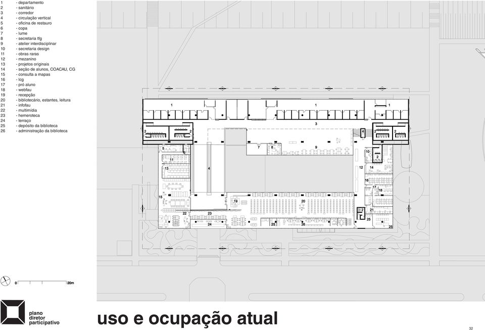 alunos, COACAU, CG 15 - consulta a mapas 16 - lcg 17 - pró aluno 18 - webfau 19 - recepção 20 - bibliotecário, estantes,