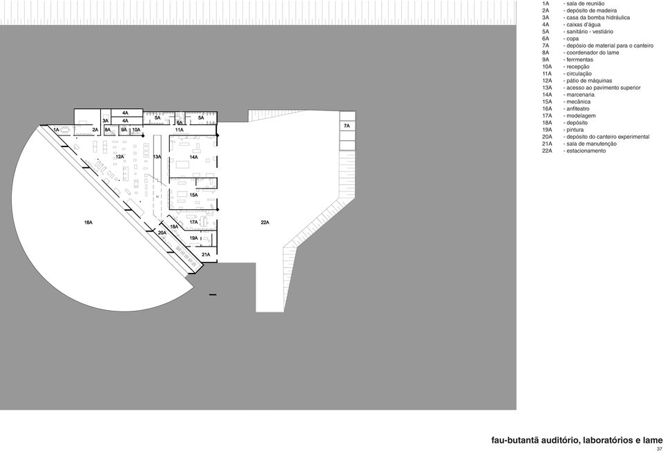 ferrmentas - recepção - circulação - pátio de máquinas - acesso ao pavimento superior - marcenaria - mecânica - anfiteatro -