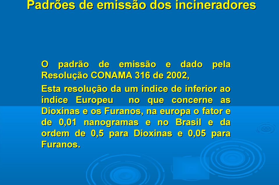 índice Europeu no que concerne as Dioxinas e os Furanos, na europa o fator