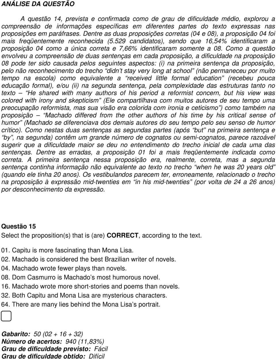 529 candidatos), sendo que 16,54% identificaram a proposição 04 como a única correta e 7,66% identificaram somente a 08.