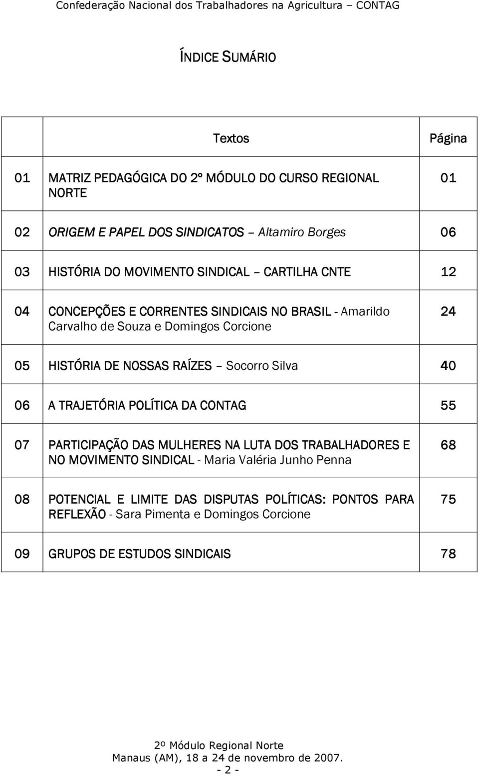 NOSSAS RAÍZES R Socorro Silva 40 06 A TRAJETÓRIA POLÍTICA DA CONTAG 55 07 PARTICIPAÇÃO DAS MULHERES NA LUTA DOS TRABALHADORES E NO MOVIMENTO SINDICAL - Maria