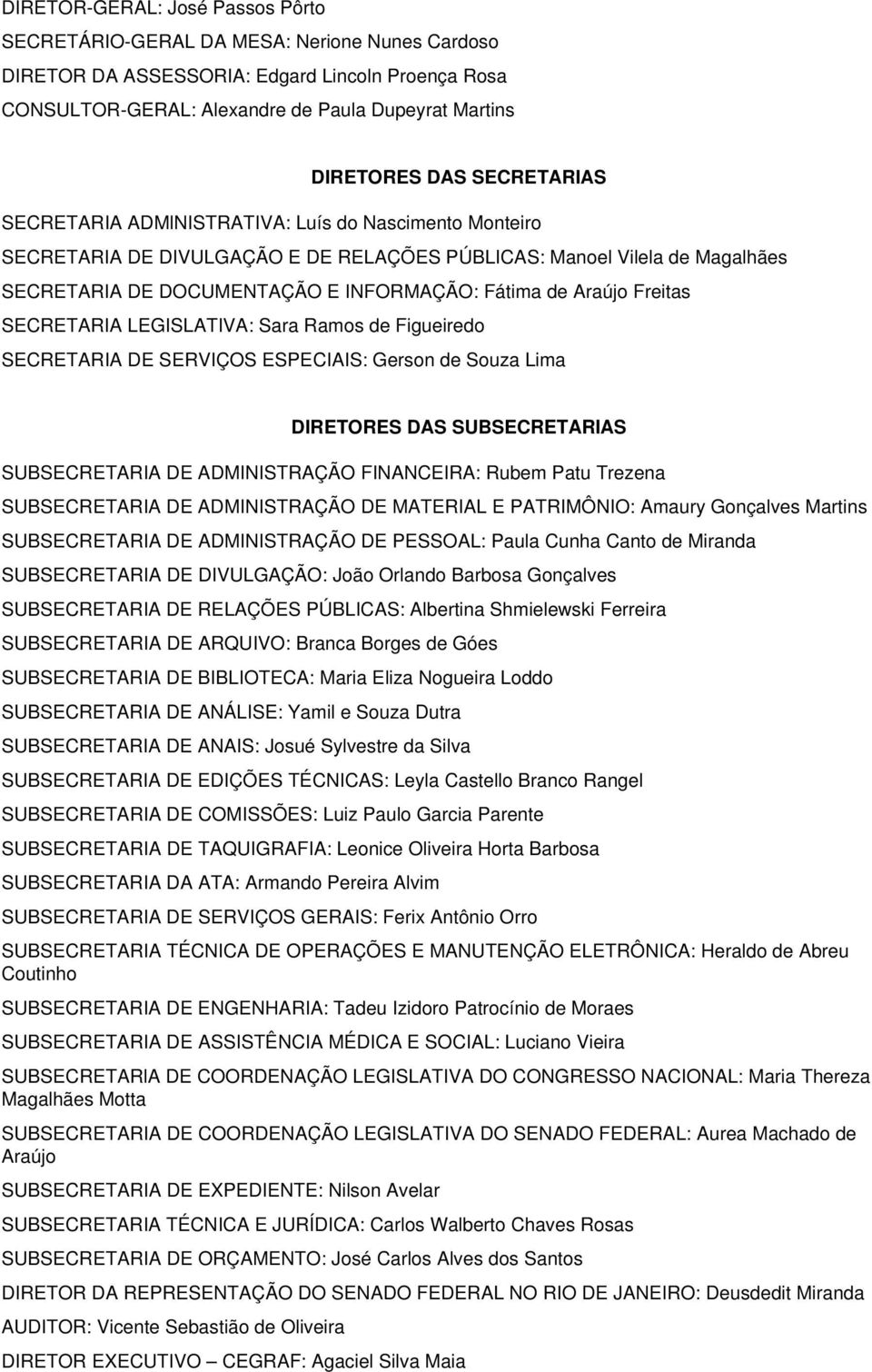 Araújo Freitas SECRETARIA LEGISLATIVA: Sara Ramos de Figueiredo SECRETARIA DE SERVIÇOS ESPECIAIS: Gerson de Souza Lima DIRETORES DAS SUBSECRETARIAS SUBSECRETARIA DE ADMINISTRAÇÃO FINANCEIRA: Rubem