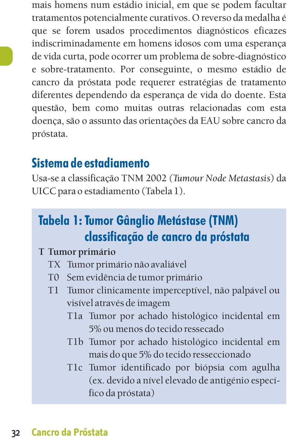 sobre-tratamento. Por conseguinte, o mesmo estádio de cancro da próstata pode requerer estratégias de tratamento diferentes dependendo da esperança de vida do doente.