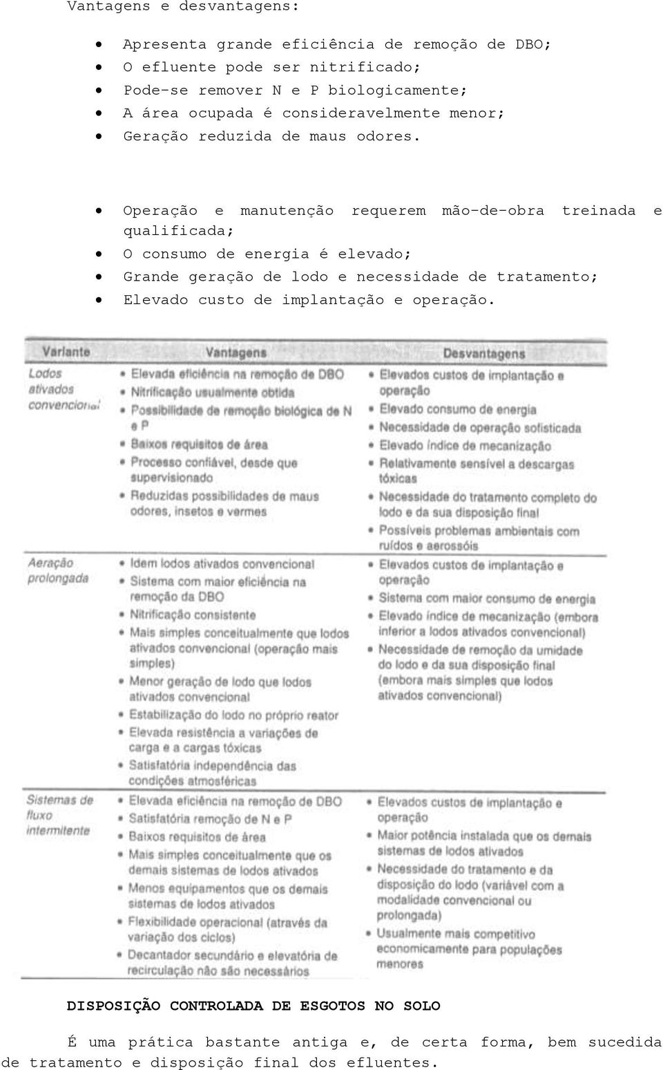 Operação e manutenção requerem mão-de-obra treinada e qualificada; O consumo de energia é elevado; Grande geração de lodo e necessidade de