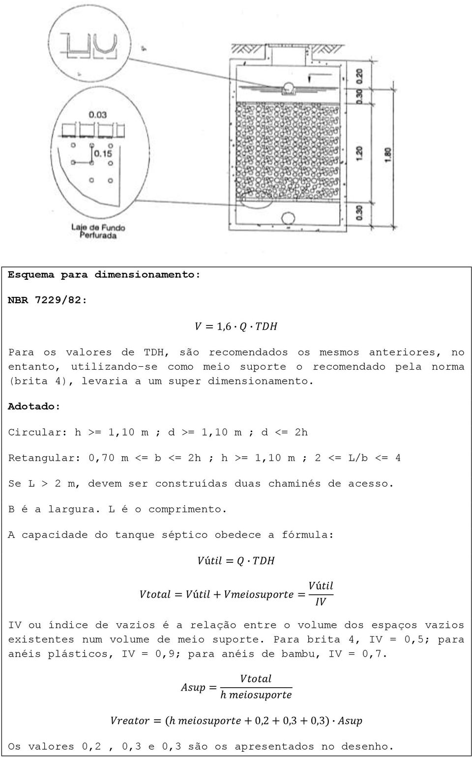 Adotado: Circular: h >= 1,10 m ; d >= 1,10 m ; d <= 2h Retangular: 0,70 m <= b <= 2h ; h >= 1,10 m ; 2 <= L/b <= 4 Se L > 2 m, devem ser construídas duas chaminés de acesso. B é a largura.