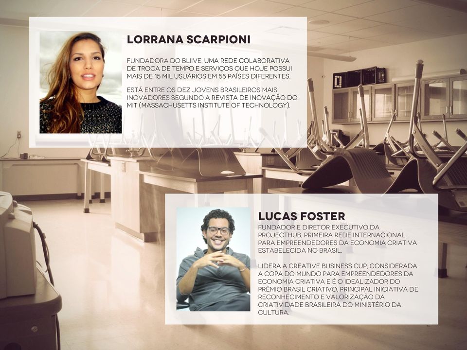 LUCAS FOSTER Fundador e Diretor Executivo da ProjectHub, primeira rede internacional para Empreendedores da Economia Criativa estabelecida no Brasil.