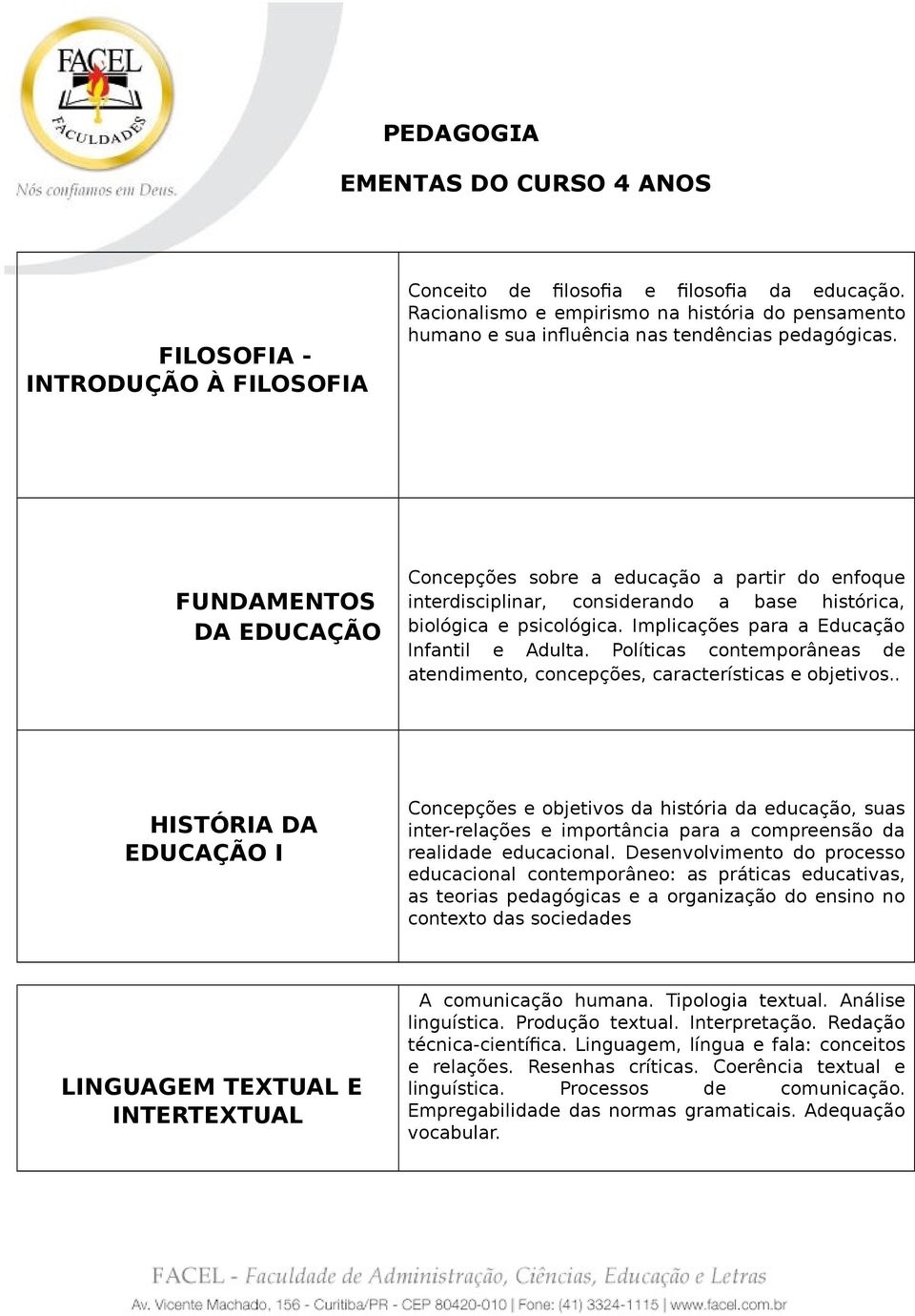 FUNDAMENTOS DA EDUCAÇÃO Concepções sobre a educação a partir do enfoque interdisciplinar, considerando a base histórica, biológica e psicológica. Implicações para a Educação Infantil e Adulta.