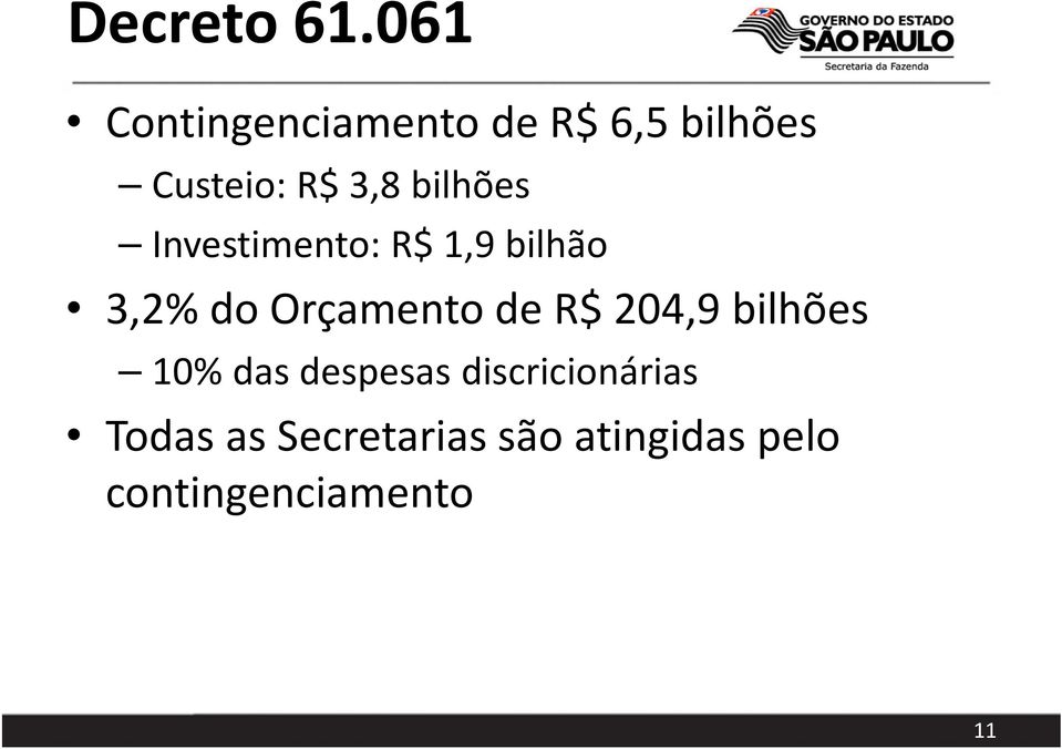 bilhões Investimento: R$ 1,9 bilhão 3,2% do Orçamento de