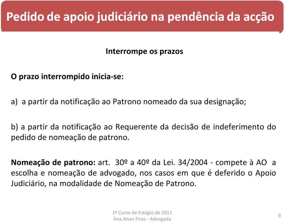 nomeação de patrono. Nomeação de patrono: art. 30º a 40º da Lei.