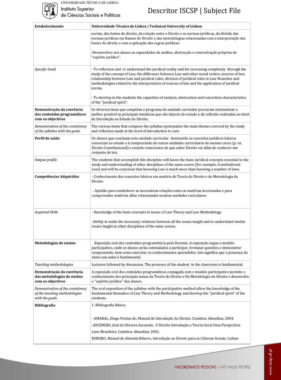 Specific Goals - To reflection and to understand the juridical reality and his increasing complexity through the study of the concept of Law, the difference between Law and other social orders,