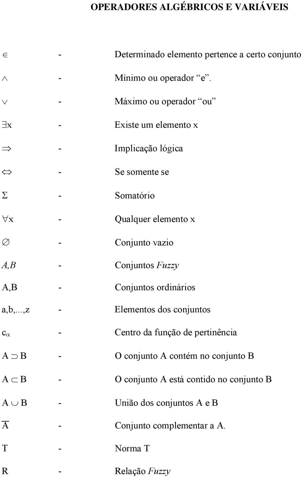 vazio A,B - Conjuntos Fuzzy A,B - Conjuntos ordinários a,b,.