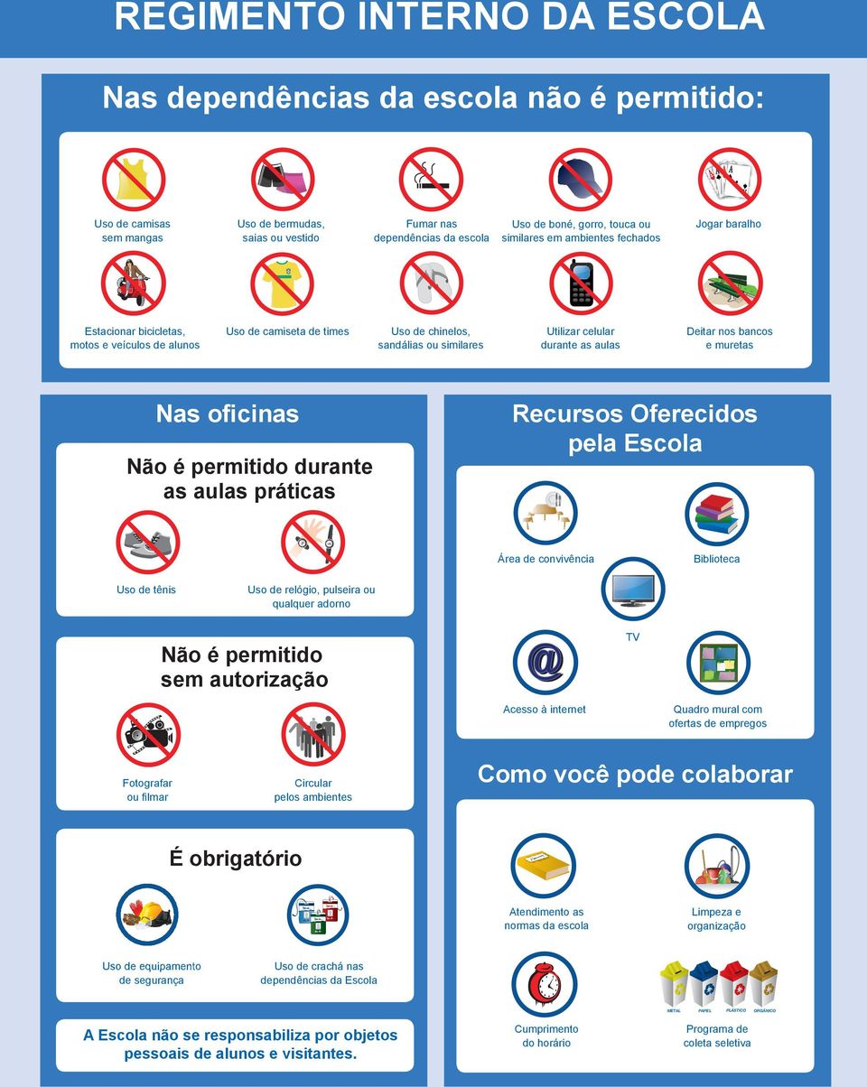 celular durante as aulas Deitar nos bancos e muretas Nas oficinas Não é permitido durante as aulas práticas Recursos Oferecidos pela Escola Área de convivência Biblioteca Uso de tênis Uso de relógio,