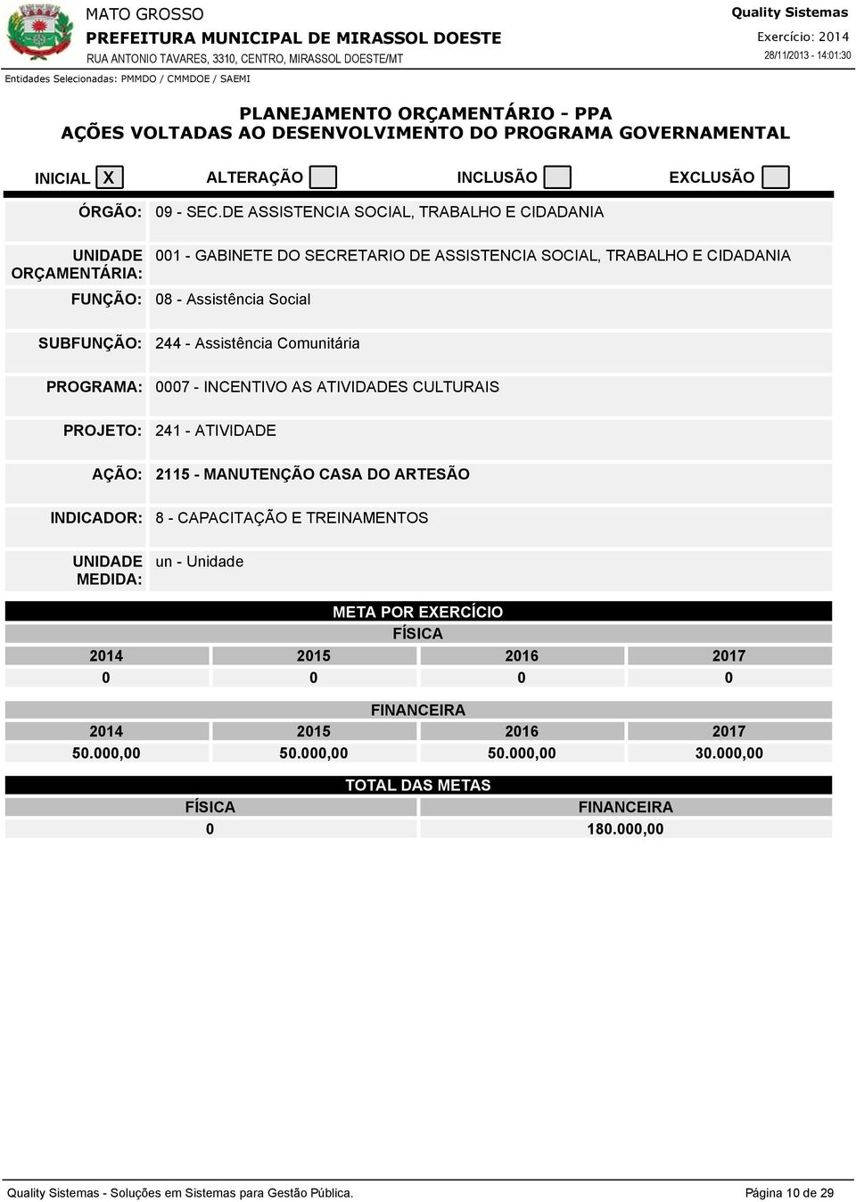 PROGRAMA: 7 - INCENTIVO AS ATIVIDADES CULTURAIS PROJETO: 2 - ATIVIDADE AÇÃO: 25 - MANUTENÇÃO CASA