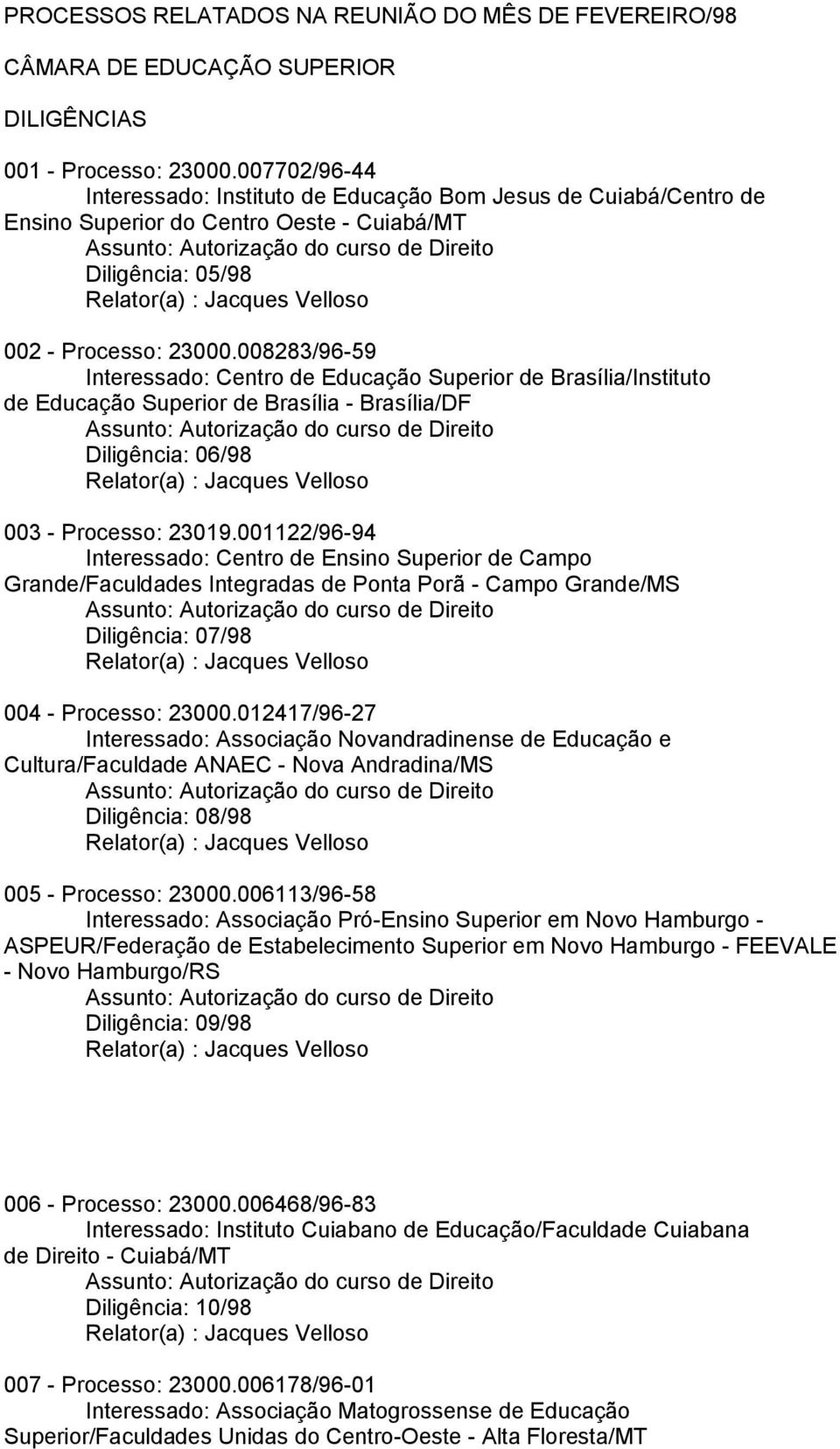 008283/96-59 Interessado: Centro de Educação Superior de Brasília/Instituto de Educação Superior de Brasília - Brasília/DF Assunto: Autorização do Diligência: 06/98 003 - Processo: 23019.