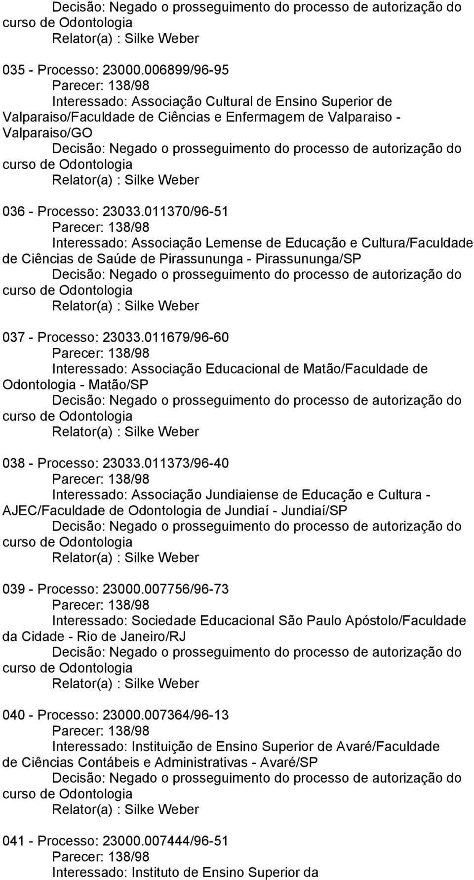 011679/96-60 Interessado: Associação Educacional de Matão/Faculdade de Odontologia - Matão/SP 038 - Processo: 23033.