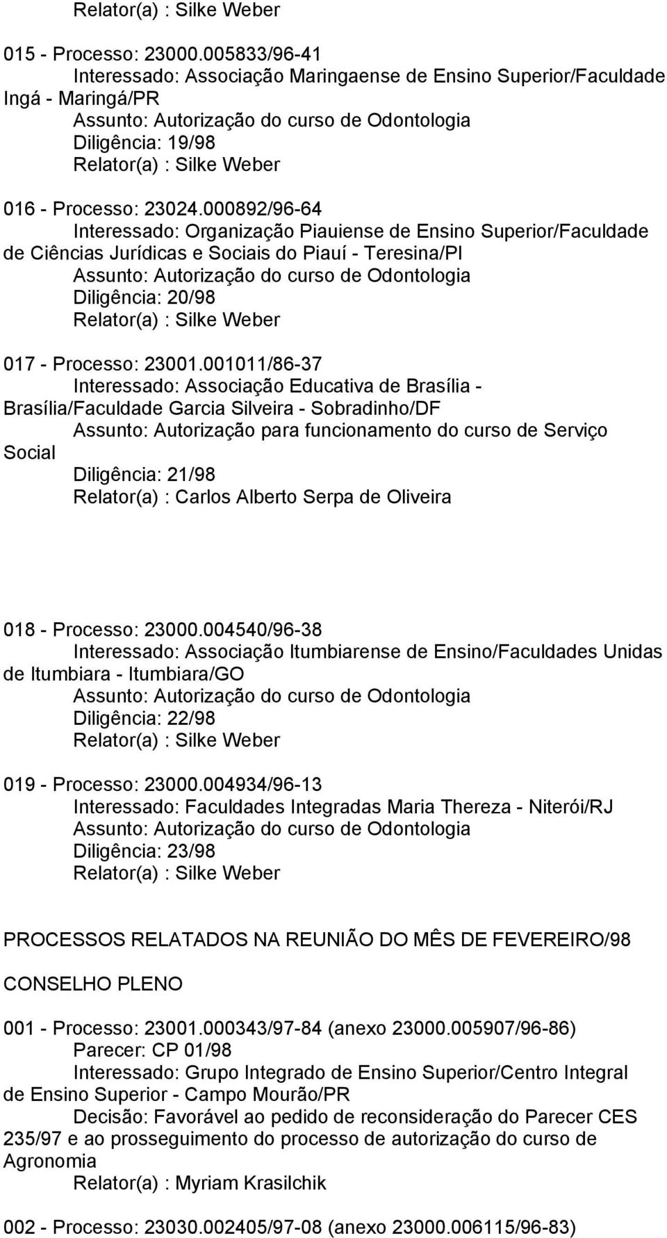 001011/86-37 Interessado: Associação Educativa de Brasília - Brasília/Faculdade Garcia Silveira - Sobradinho/DF Assunto: Autorização para funcionamento do curso de Serviço Social Diligência: 21/98