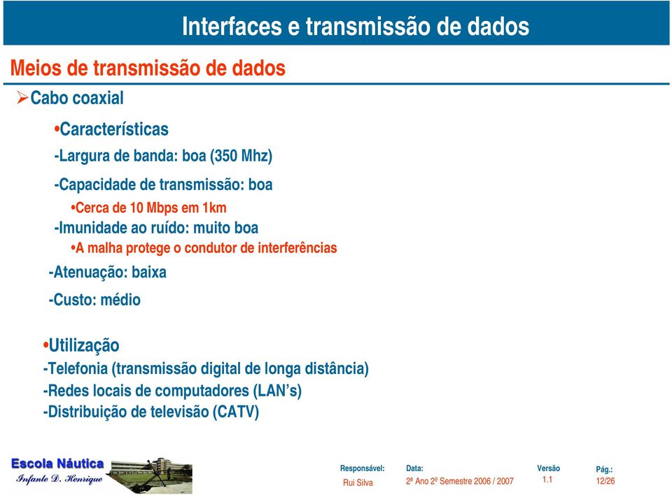interferências -Atenuação: baixa -Custo: médio Utilização -Telefonia (transmissão digital