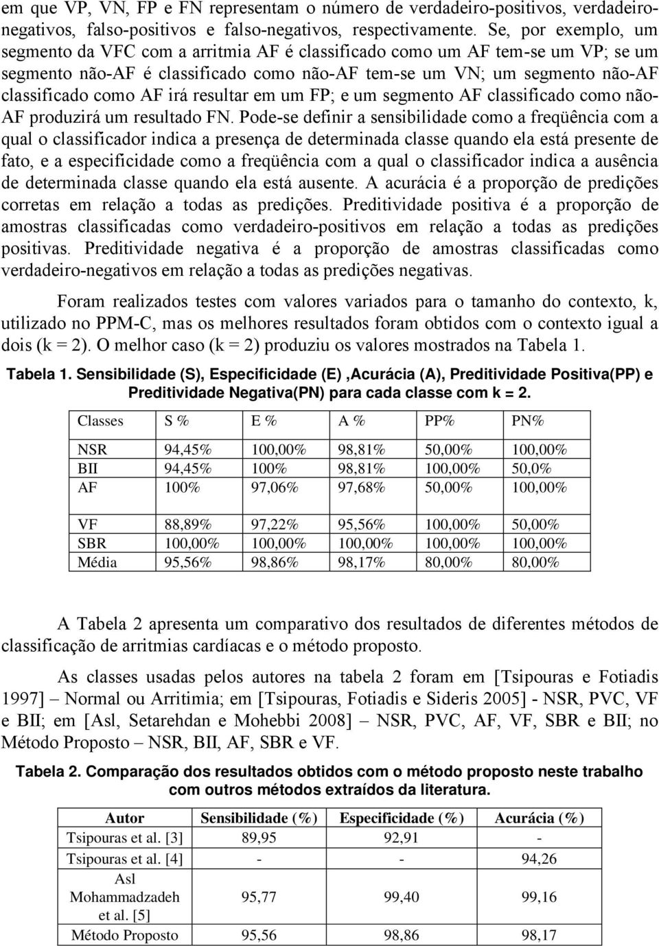 irá resultar em um FP; e um segmento AF classificado como não- AF produzirá um resultado FN.