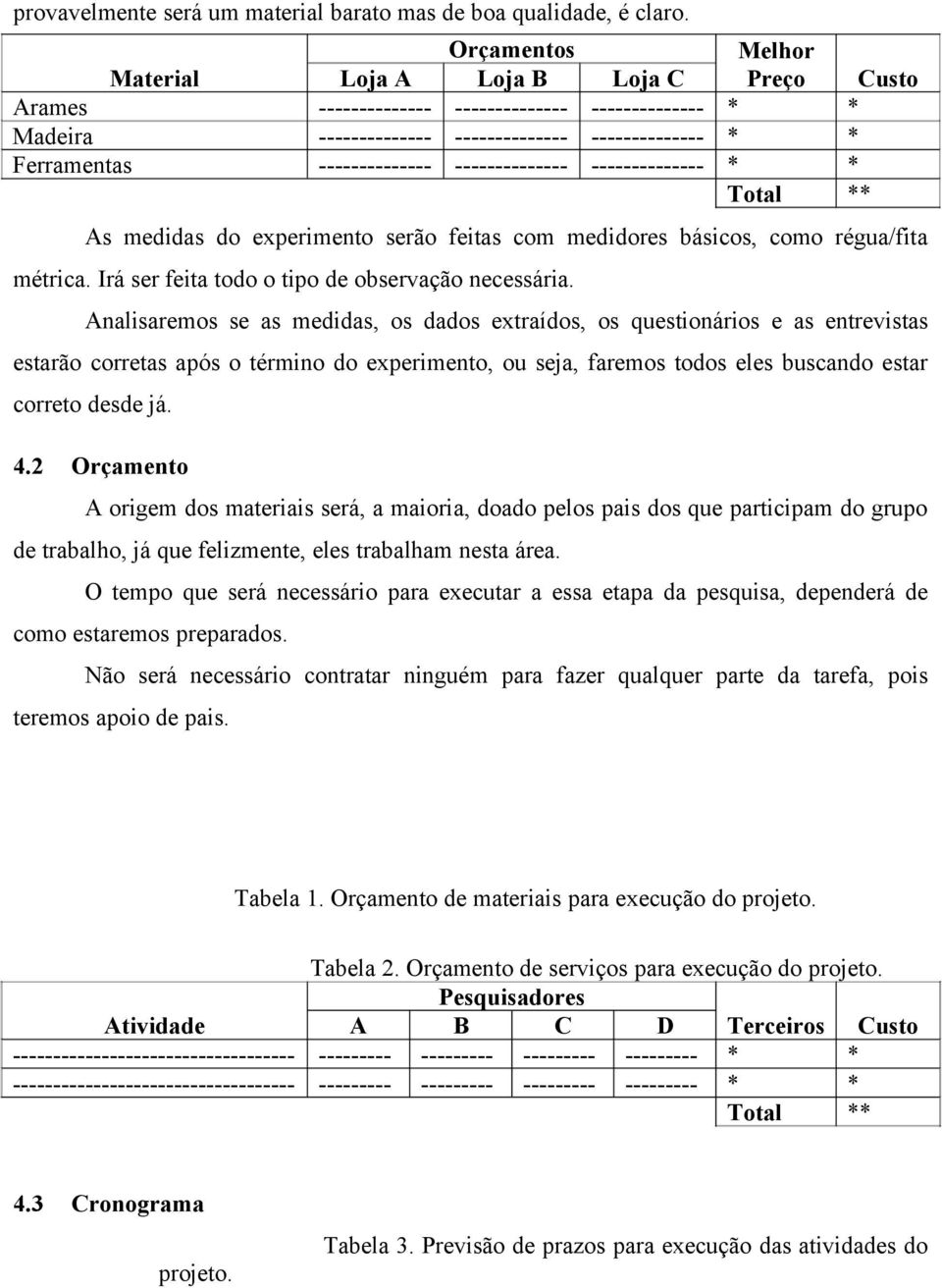 -------------- -------------- * * Total ** As medidas do experimento serão feitas com medidores básicos, como régua/fita métrica. Irá ser feita todo o tipo de observação necessária.