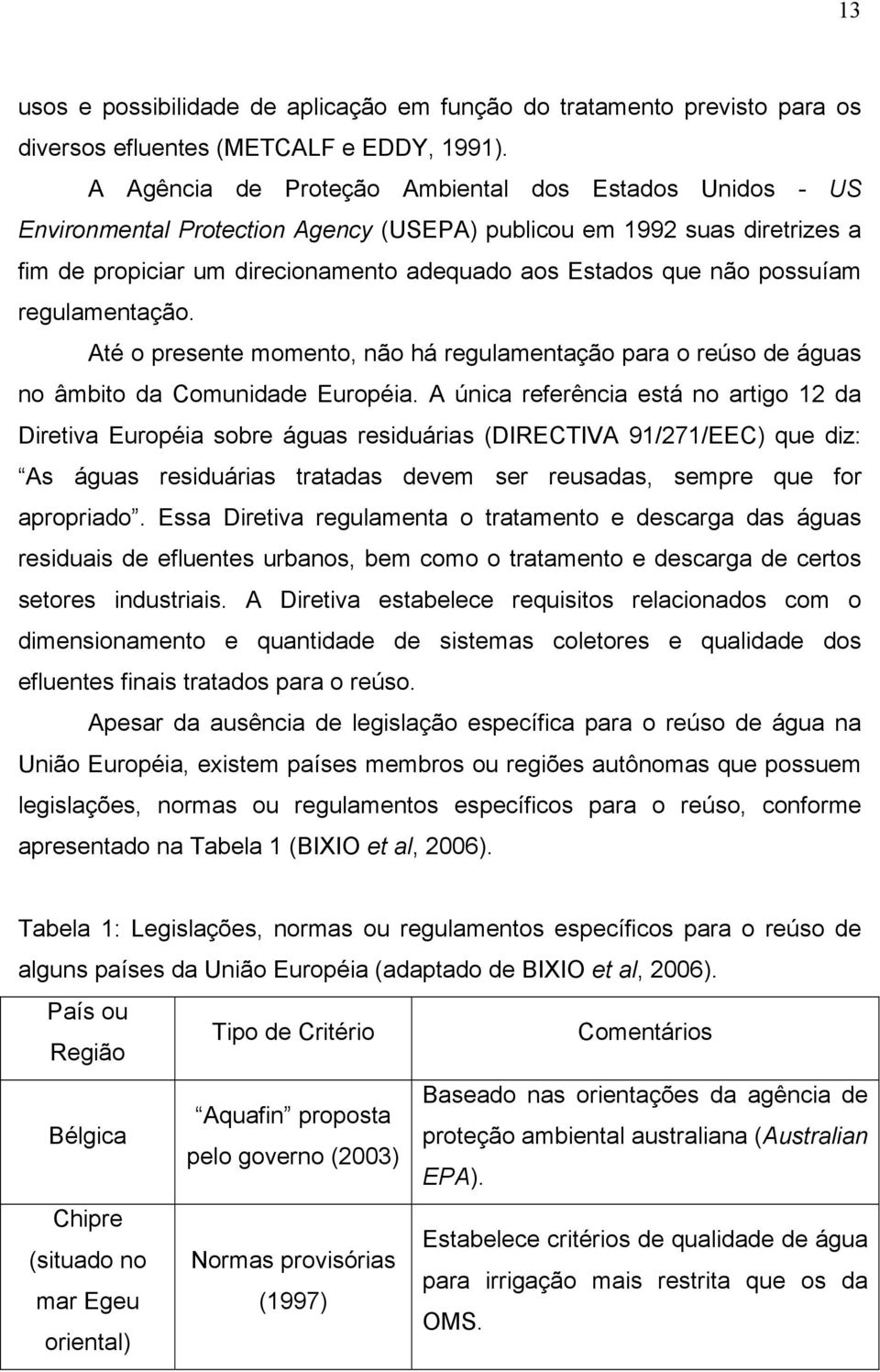 possuíam regulamentação. Até o presente momento, não há regulamentação para o reúso de águas no âmbito da Comunidade Européia.