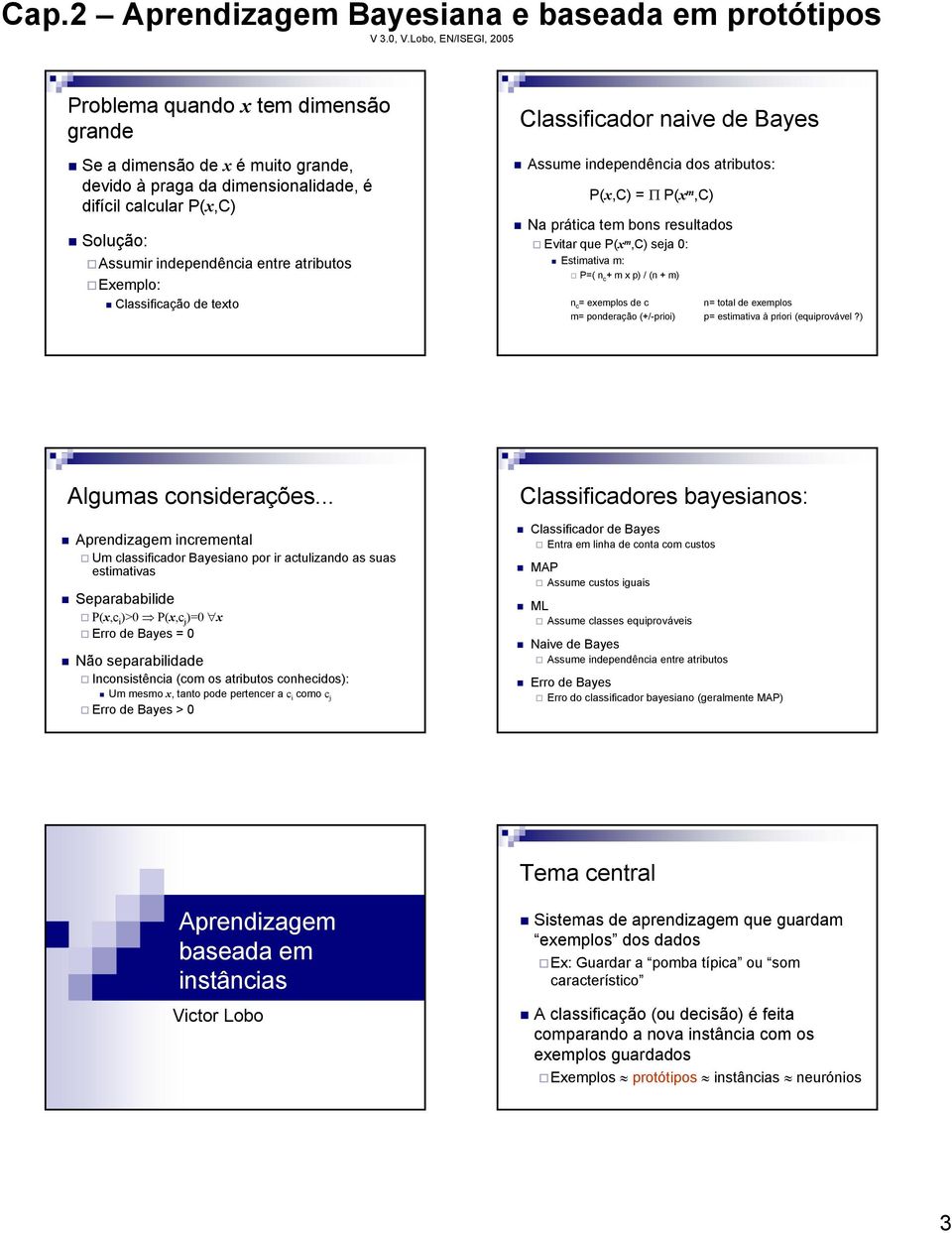 atributos Exemplo: Classificação de texto Classificador naive de Bayes Assume independência dos atributos: P(x,C) = Π P(x m,c) a prática tem bons resultados Evitar que P(x m,c) seja 0: Estimativa m: