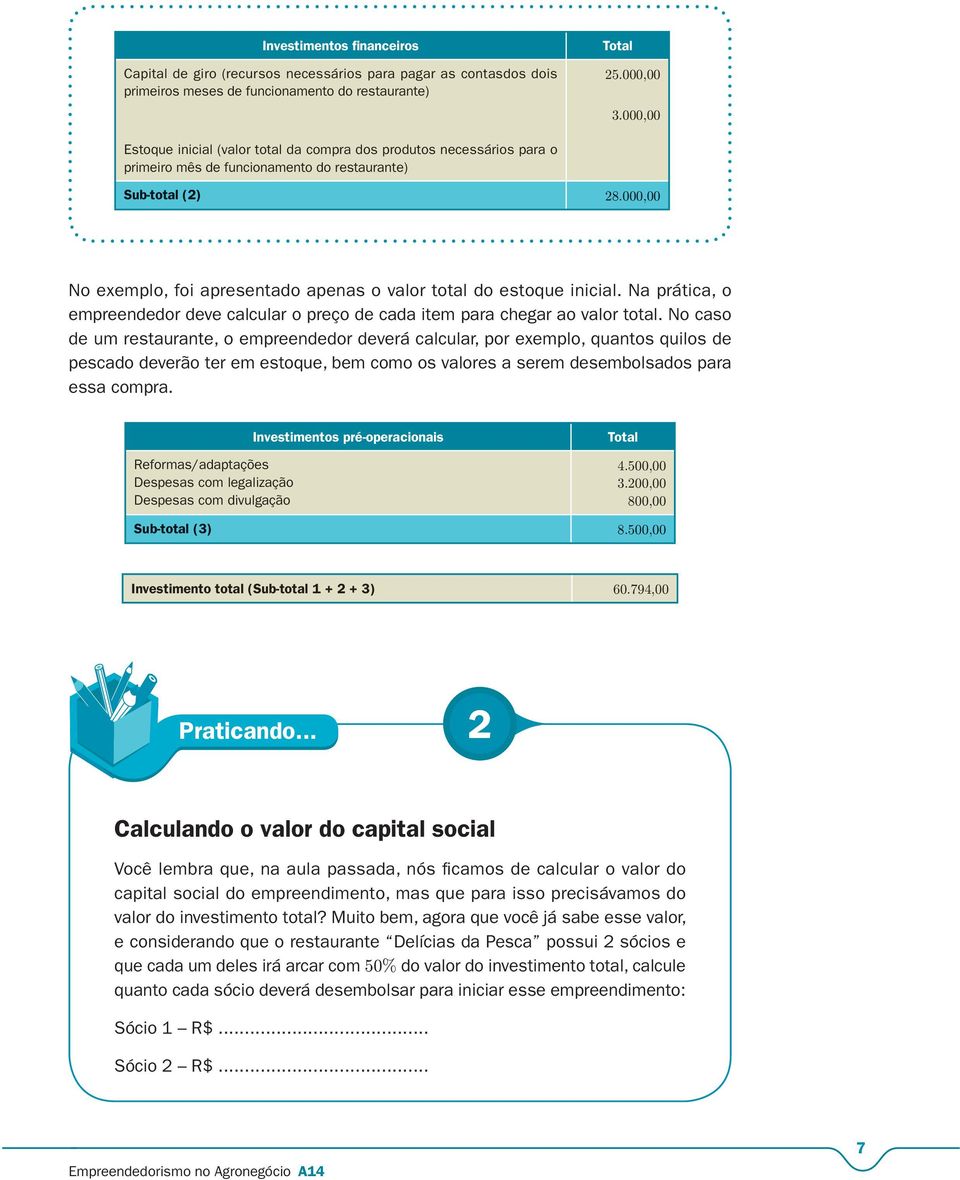 000,00 No exemplo, foi apresentado apenas o valor total do estoque inicial. Na prática, o empreendedor deve calcular o preço de cada item para chegar ao valor total.