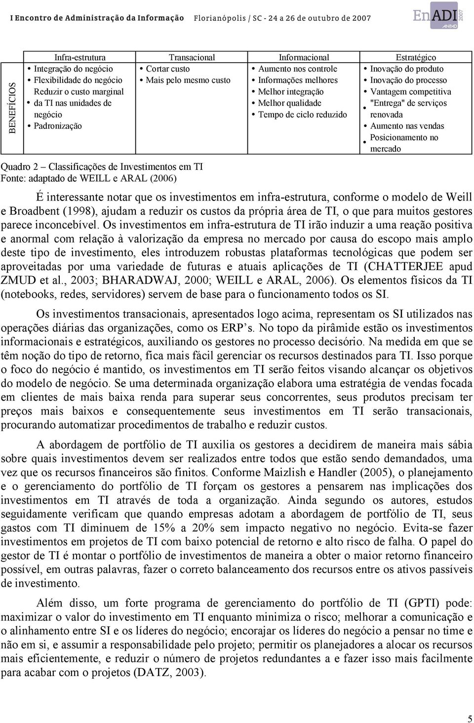 renovada Padronização Aumento nas vendas Posicionamento no mercado Quadro 2 Classificações de Investimentos em TI Fonte: adaptado de WEILL e ARAL (2006) É interessante notar que os investimentos em