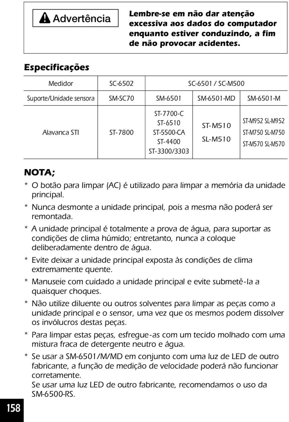 ST-M952 SL-M952 ST-M750 SL-M750 ST-M570 SL-M570 158 NOTA; * O botão para Iimpar (AC) é utilizado para limpar a memória da unidade principal.