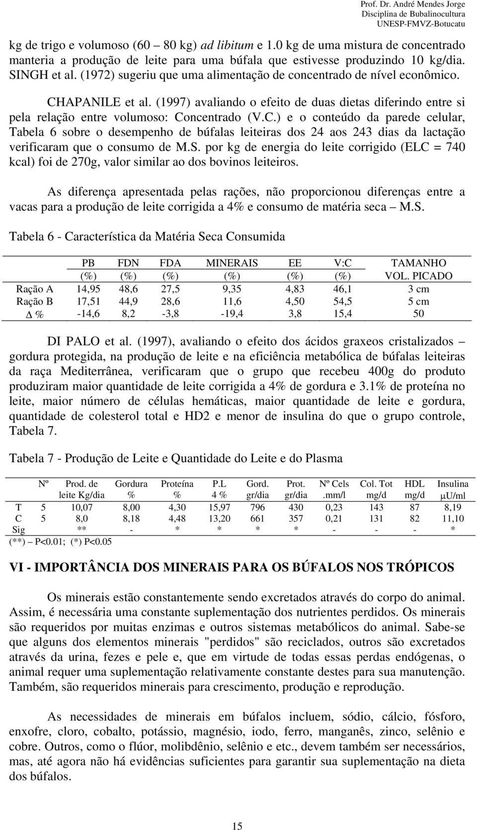 APANILE et al. (1997) avaliando o efeito de duas dietas diferindo entre si pela relação entre volumoso: Co