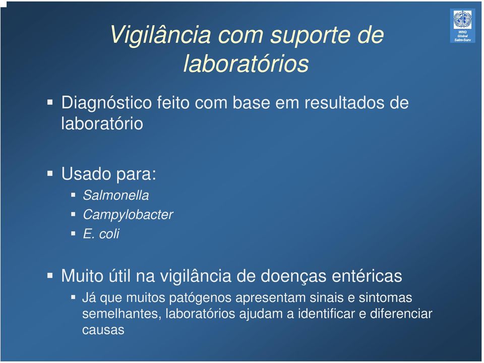 coli Muito útil na vigilância de doenças entéricas Já que muitos patógenos