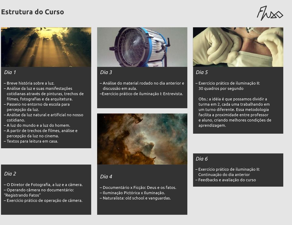 A partir de trechos de filmes, análise e percepção da luz no cinema. Textos para leitura em casa. Dia 3 Análise do material rodado no dia anterior e discussão em aula.