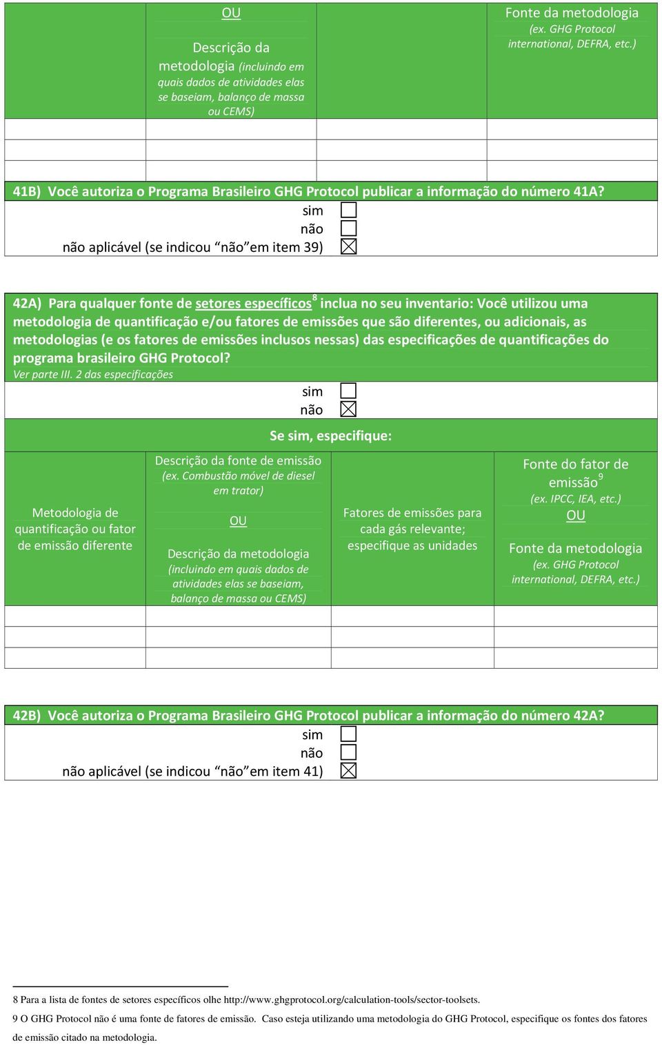 sim não não aplicável (se indicou não em item 39) 42A) Para qualquer fonte de setores específicos 8 inclua no seu inventario: Você utilizou uma metodologia de quantificação e/ou fatores de emissões