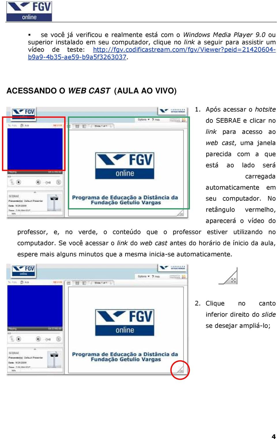 Após acessar o hotsite do SEBRAE e clicar no link para acesso ao web cast, uma janela parecida com a que está ao lado será carregada automaticamente em seu computador.