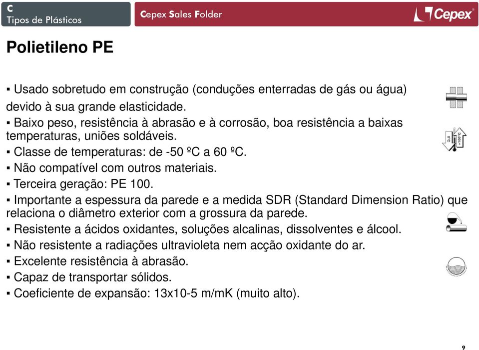 Não compatível com outros materiais. Terceira geração: PE 100.