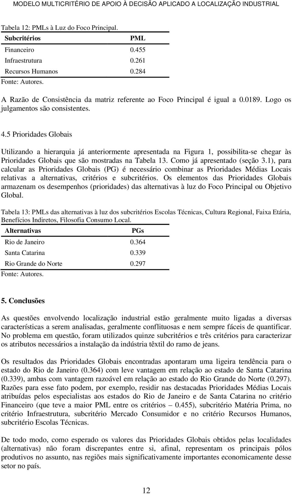 5 Prioridades Globais Utilizando a hierarquia já anteriormente apresentada na Figura 1, possibilita-se chegar às Prioridades Globais que são mostradas na Tabela 13. Como já apresentado (seção 3.