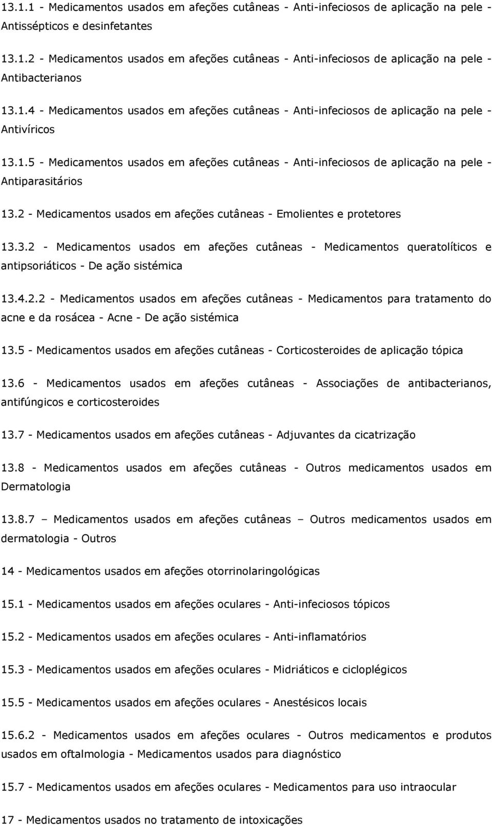 2 - Medicamentos usados em afeções cutâneas - Emolientes e protetores 13.3.2 - Medicamentos usados em afeções cutâneas - Medicamentos queratolíticos e antipsoriáticos - De ação sistémica 13.4.2.2 - Medicamentos usados em afeções cutâneas - Medicamentos para tratamento do acne e da rosácea - Acne - De ação sistémica 13.