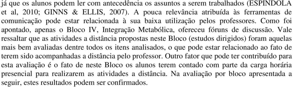 Como foi apontado, apenas o Bloco IV, Integração Metabólica, ofereceu fóruns de discussão.