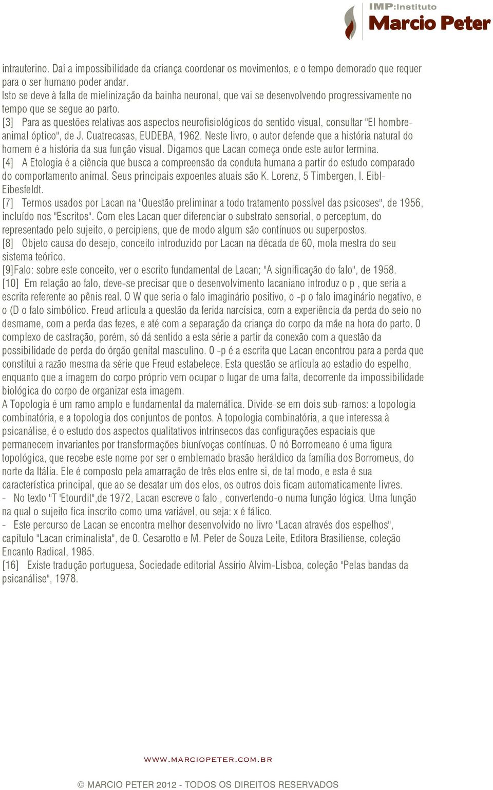 [3] Para as questões relativas aos aspectos neurofisiológicos do sentido visual, consultar "El hombreanimal óptico", de J. Cuatrecasas, EUDEBA, 1962.