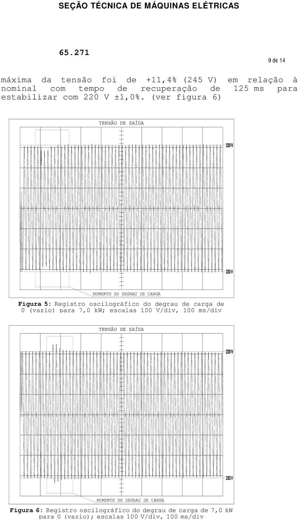 (ver figura 6) TENSÃO DE SAÍDA Figura 5: Registro oscilográfico do degrau de carga de 0 (vazio)