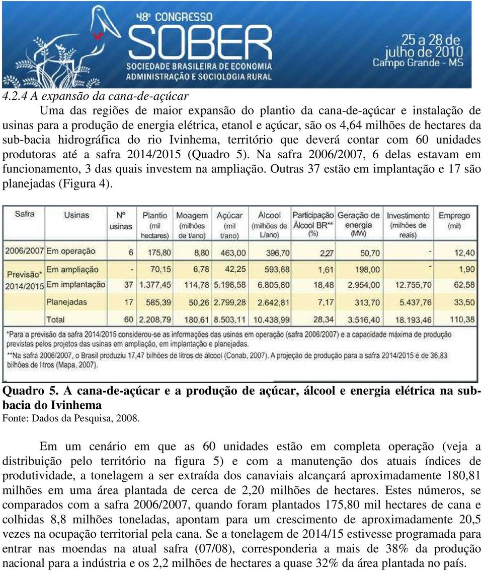 Na safra 2006/2007, 6 delas estavam em funcionamento, 3 das quais investem na ampliação. Outras 37 estão em implantação e 17 são planejadas (Figura 4). Quadro 5.