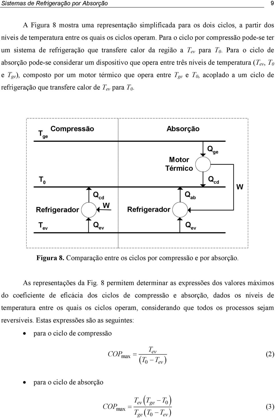 Para o ciclo de absorção pode-se considerar um dispositivo que opera entre três níveis de temperatura (T ev, T 0 e T ge ), composto por um motor térmico que opera entre T ge e T 0, acoplado a um