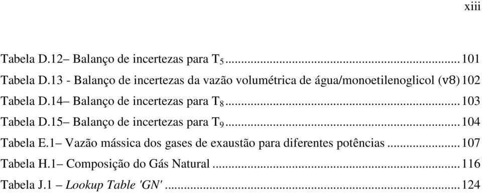 14 Balanço de incertezas para T 8... 103 Tabela D.15 Balanço de incertezas para T 9... 104 Tabela E.