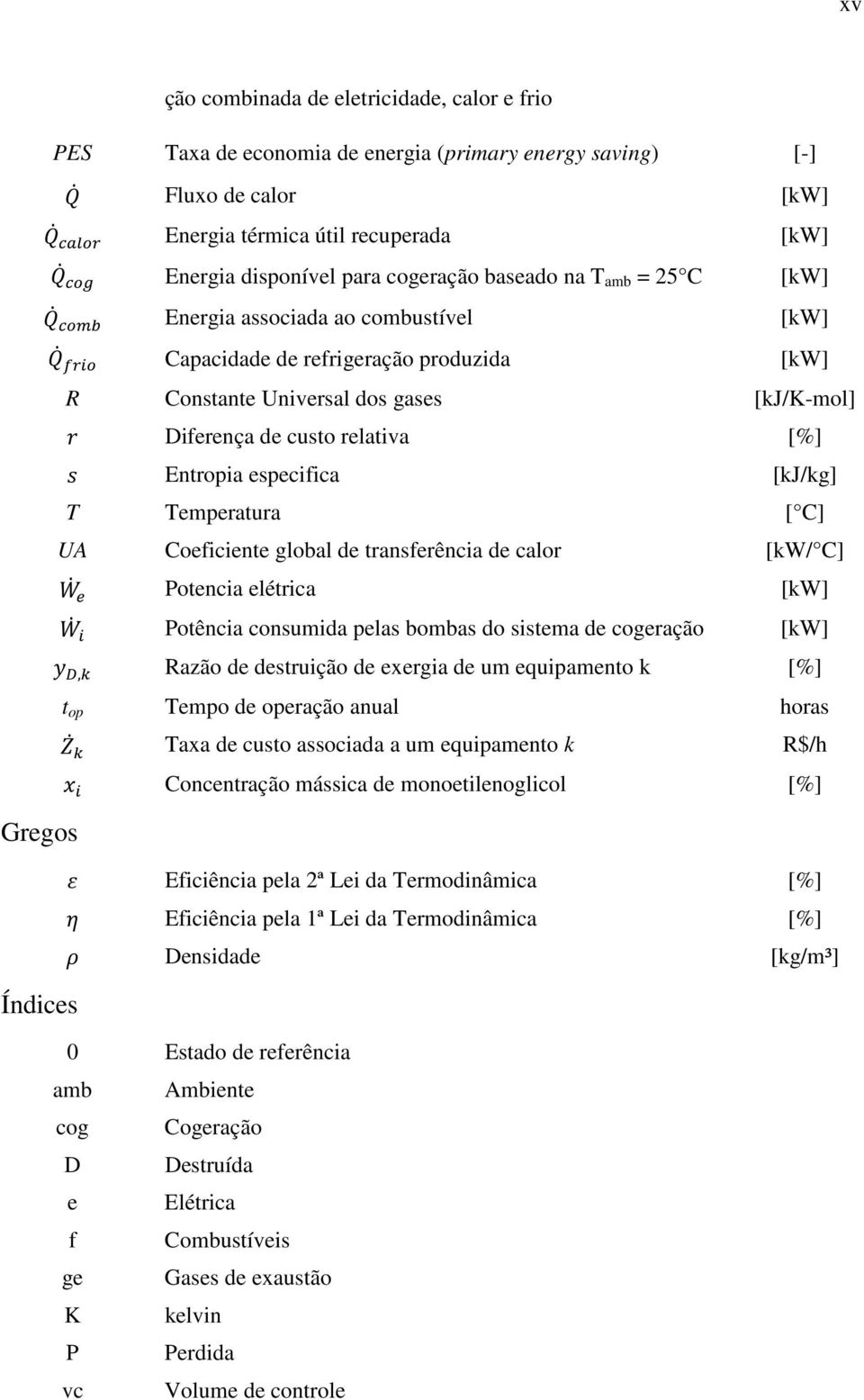 Entropia especifica [kj/kg] T Temperatura [ C] UA Coeficiente global de transferência de calor [kw/ C] Potencia elétrica [kw] Potência consumida pelas bombas do sistema de cogeração [kw], Razão de